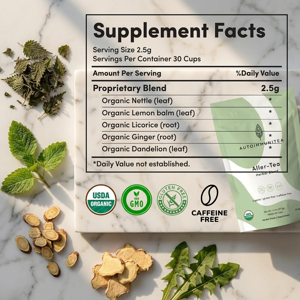 Autoimmuni-Tea single tea sachet close-up highlighting plastic-free packet and convenience