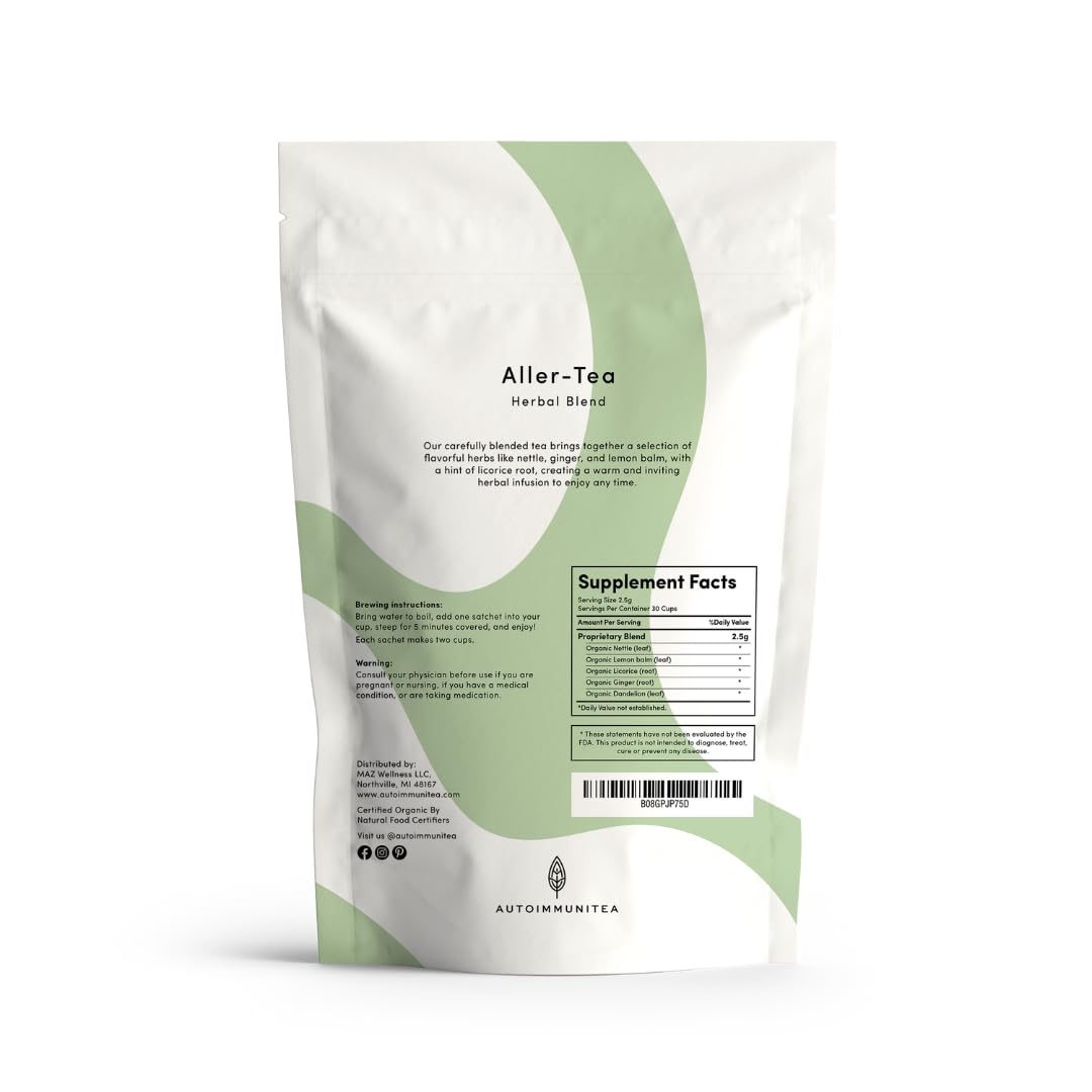 Autoimmuni-Tea beside measuring spoon to show sachet yield and serving size clarity