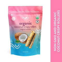 Close-up of Ava Organics coconut roller texture highlighting crisp baked layers and delicate crunch benefit