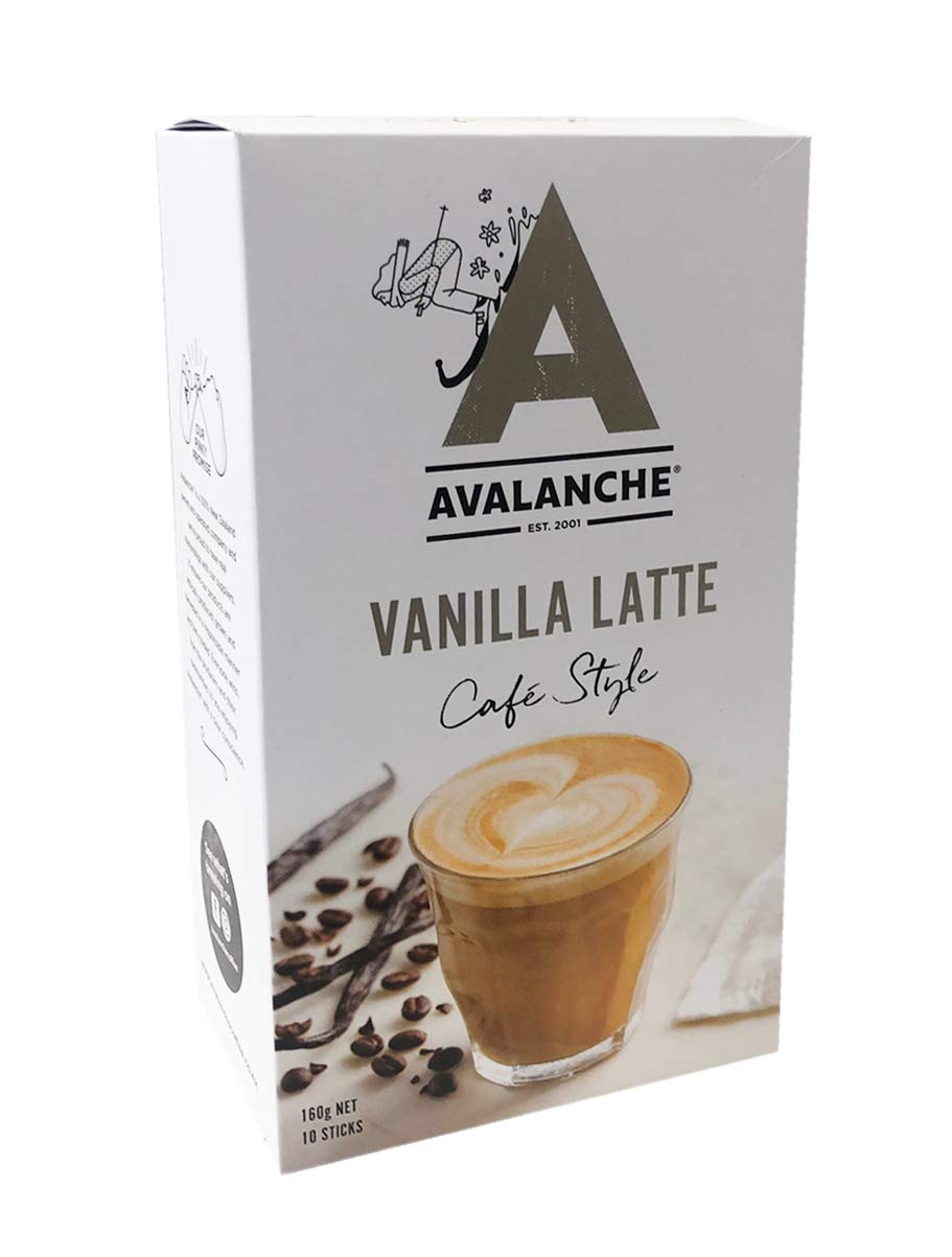Avalanche front packaging showing box of ten vanilla latte sticks and convenience