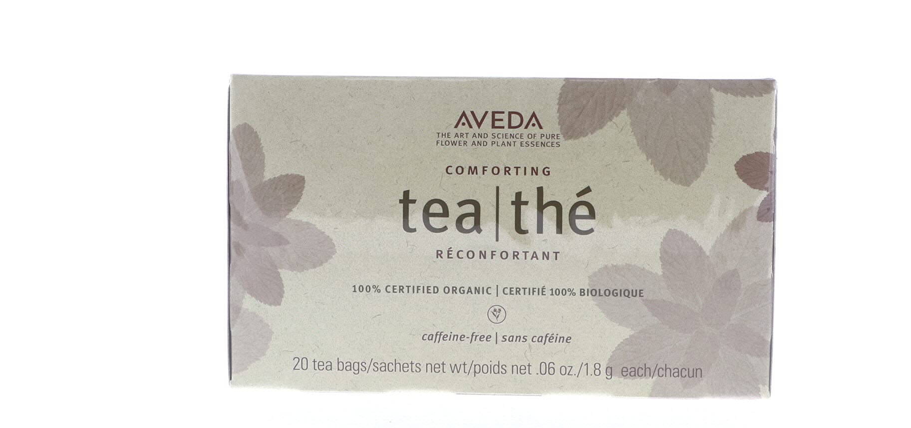 Aveda front packaging showing 20 tea bags and organic branding for clarity