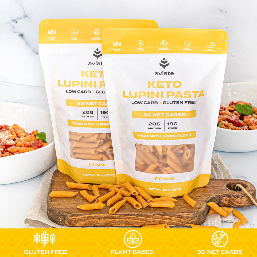 Aviate penne next to measuring cup demonstrating serving size
