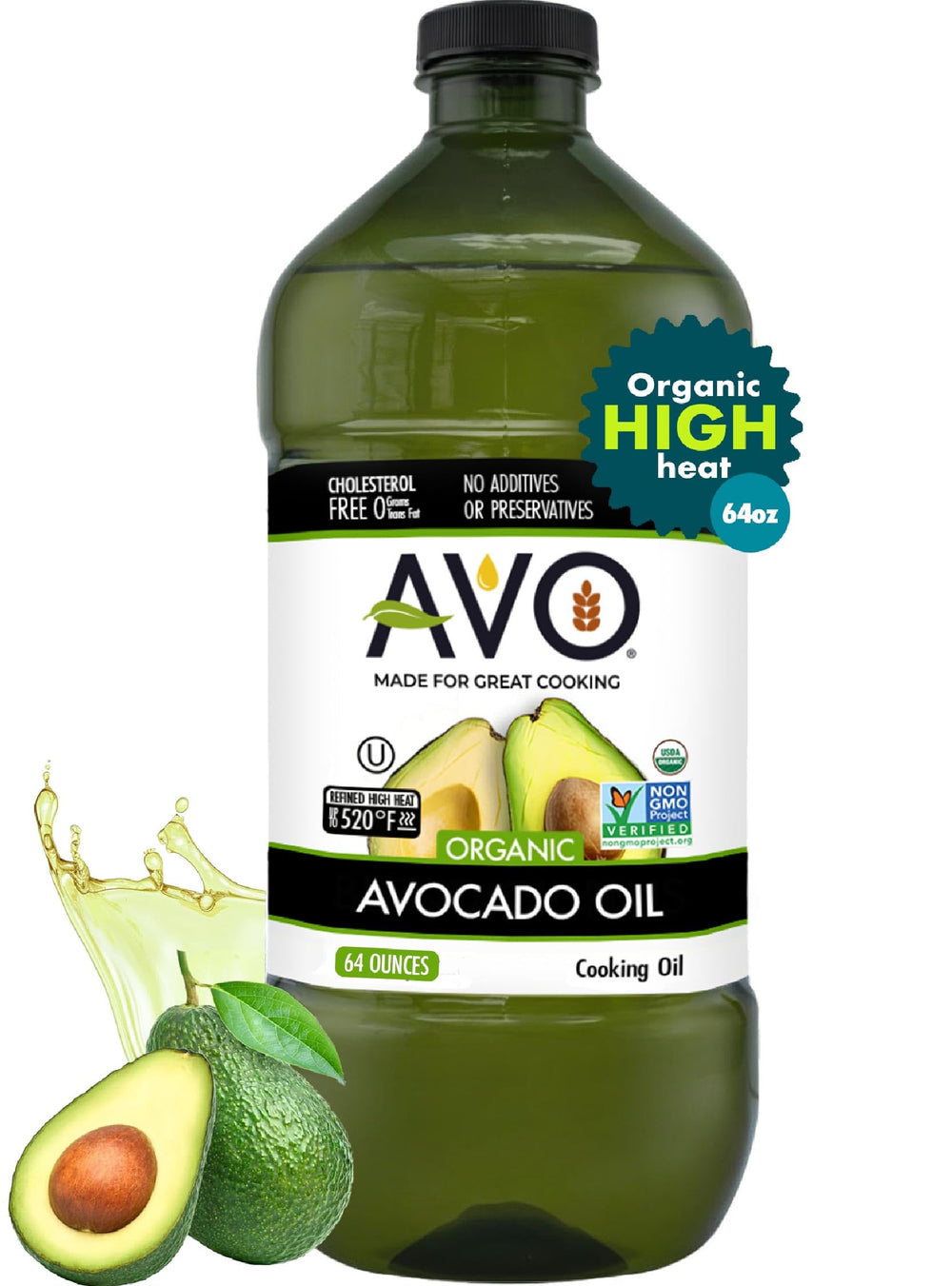 AVO front packaging showing 64 fl oz bottle and organic seal for trustworthy cooking