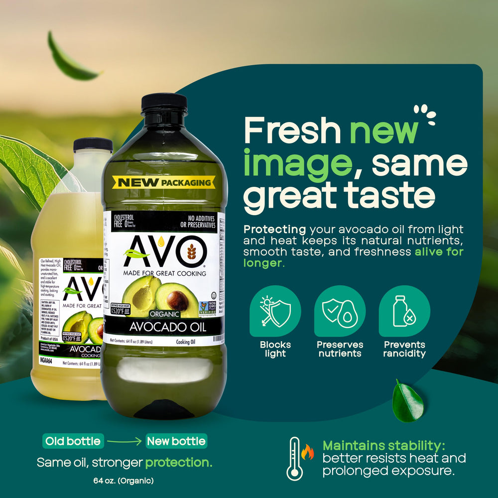 AVO close-up label highlighting USDA Organic and Non-GMO certification benefits