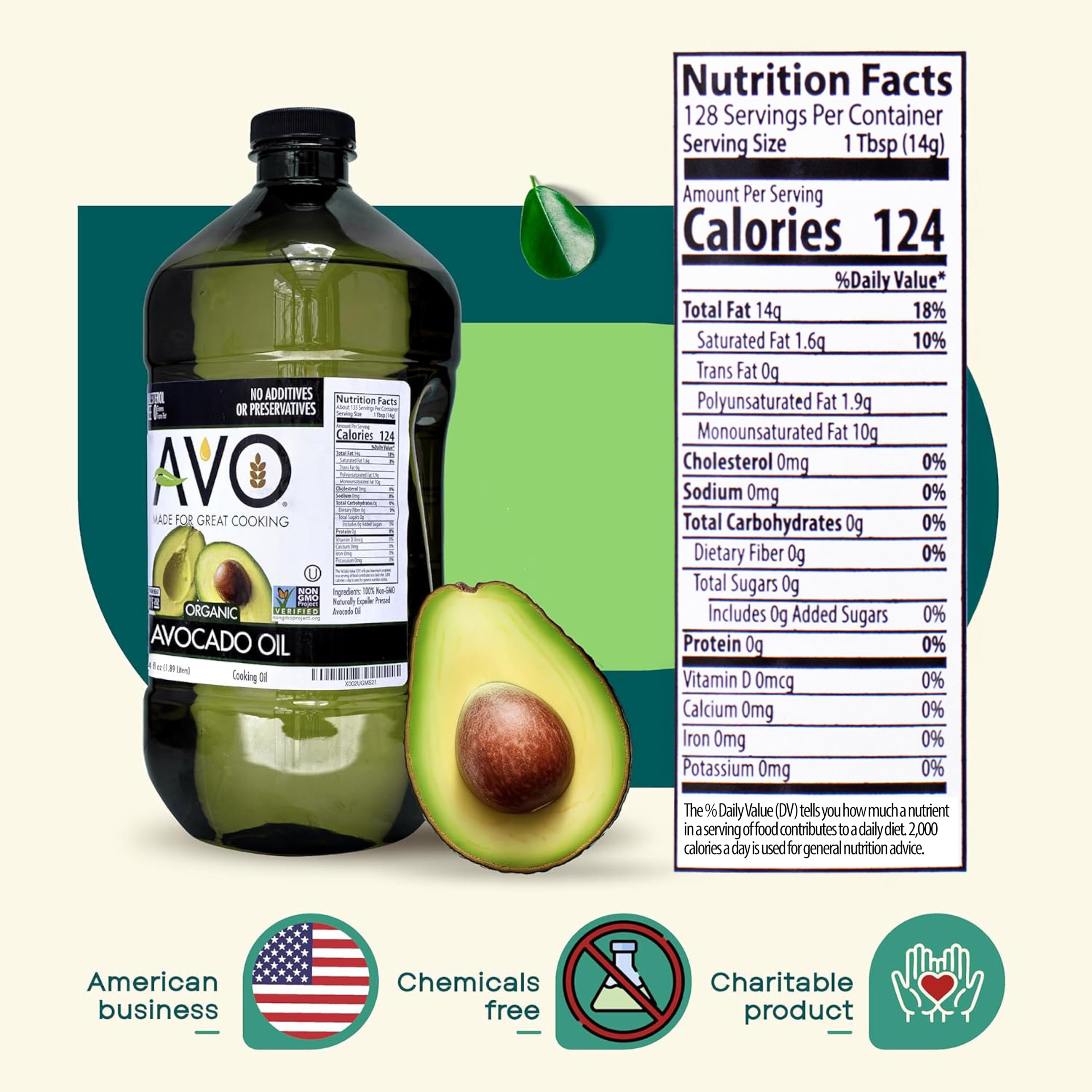 AVO bottle with fresh avocados and herbs conveying natural, plant-based quality