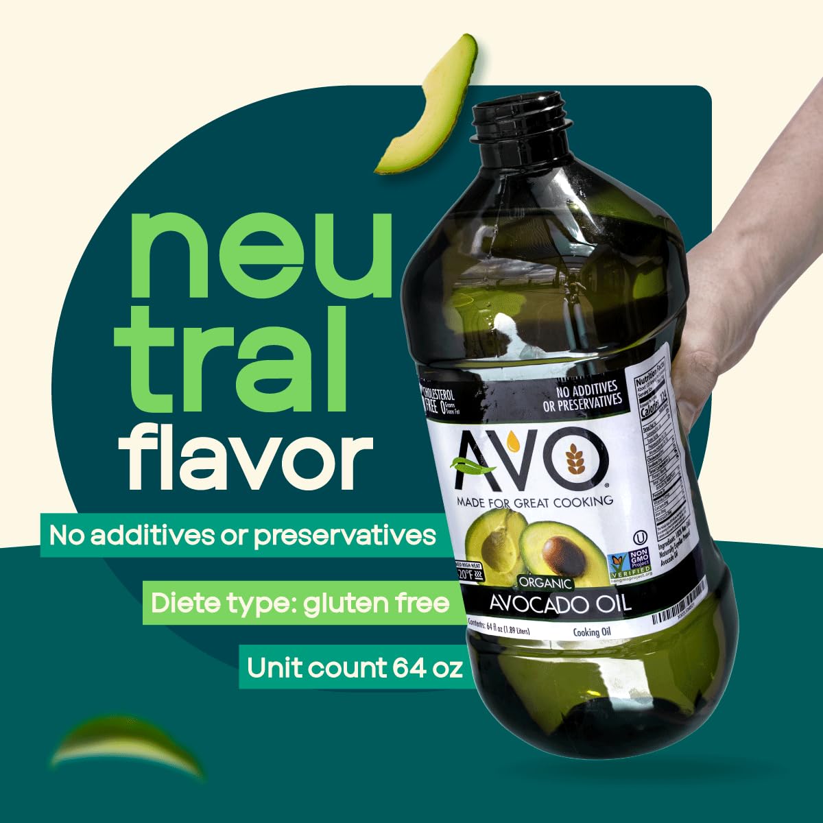 AVO measured pouring from large bottle showing bulk convenience and savings