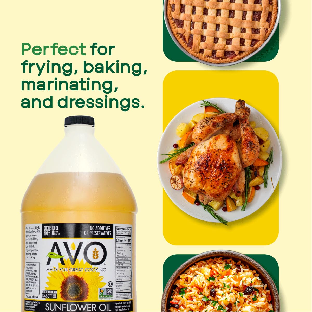 AVO oil pouring from jug demonstrating smooth flow for precise portioning during cooking
