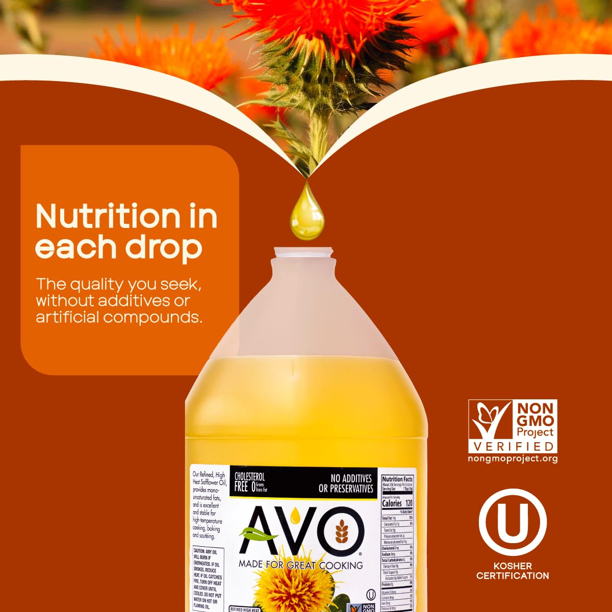 AVO safflower oil certification panel showing Non‑GMO and USDA Organic trust marks