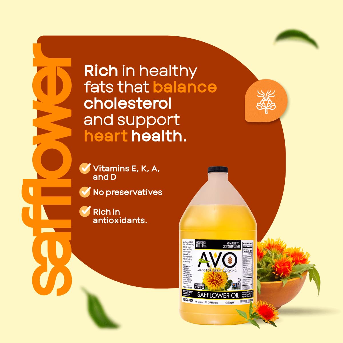 AVO safflower oil closeup label showing certifications and quality information