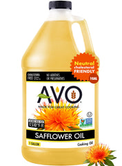 AVO safflower oil front gallon bottle showing branding and size, clear label benefits