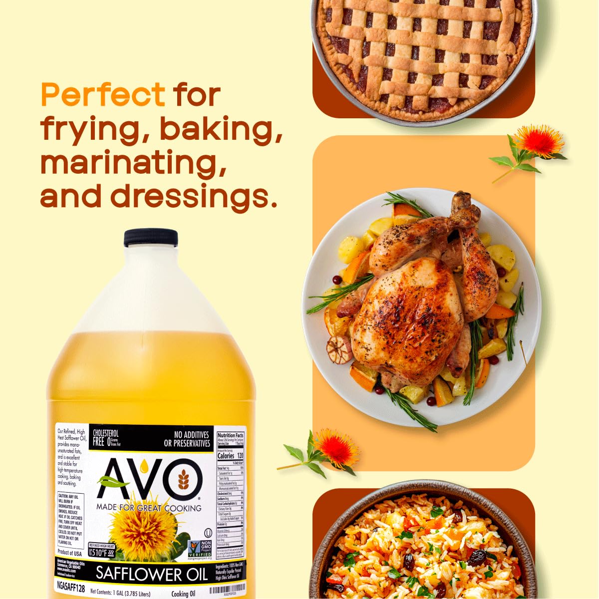 AVO safflower oil sizzling in frying pan demonstrating high 510°F smoke point