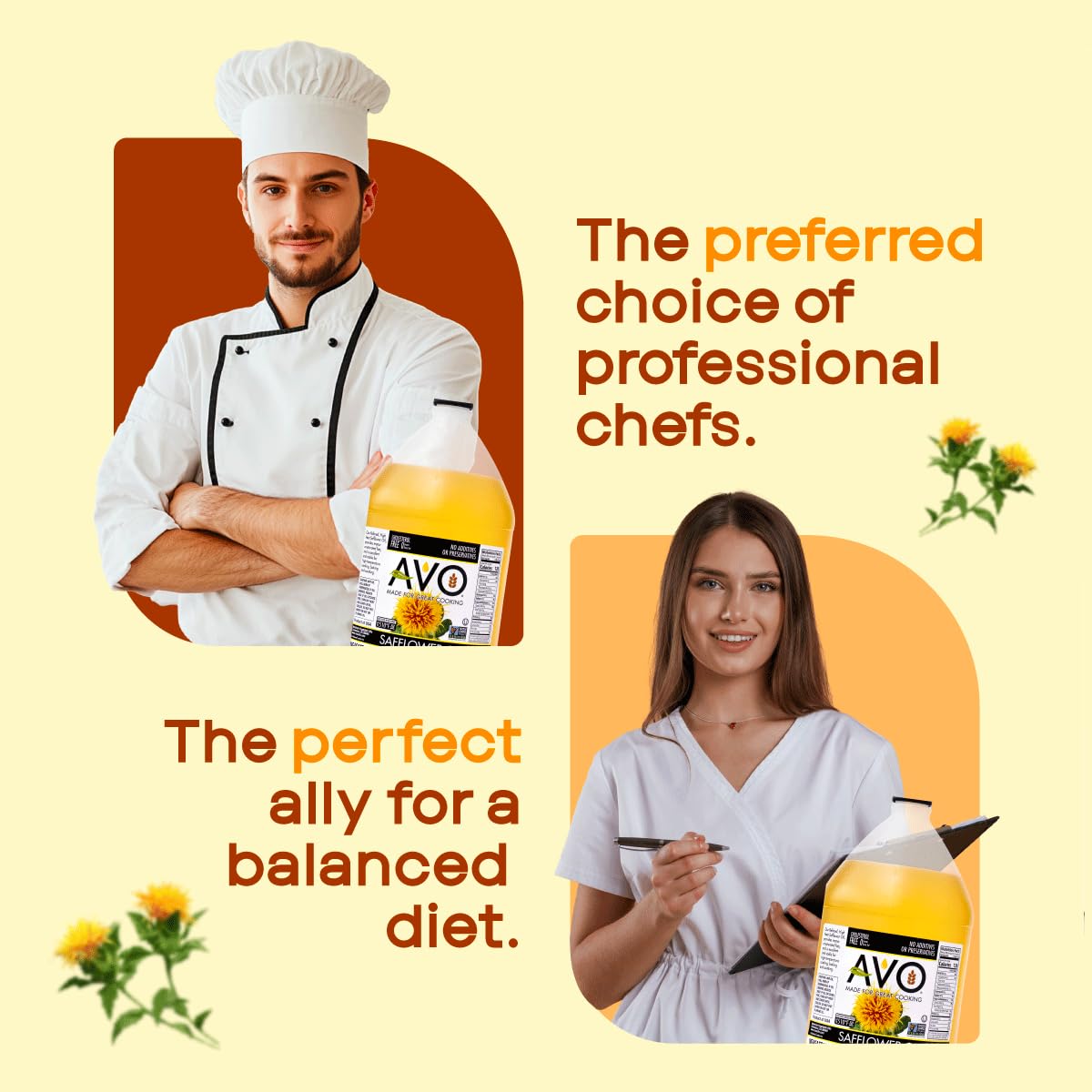 AVO safflower oil used in a warm kitchen scene conveying everyday cooking versatility