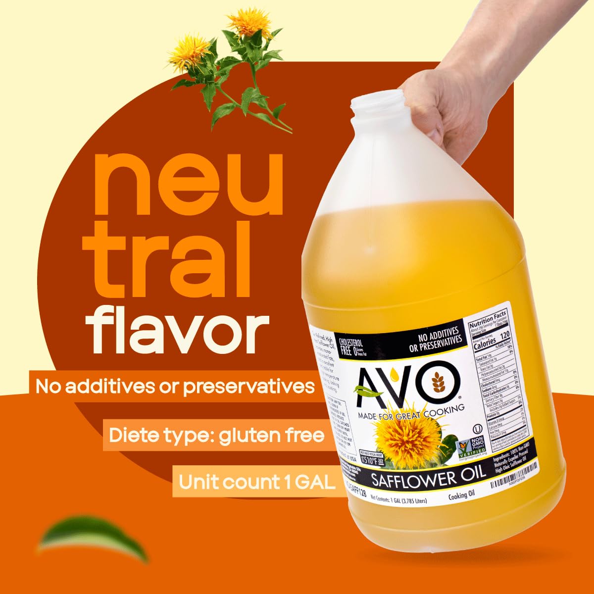 AVO safflower oil sealed gallon stored on shelf to show proper storage practice