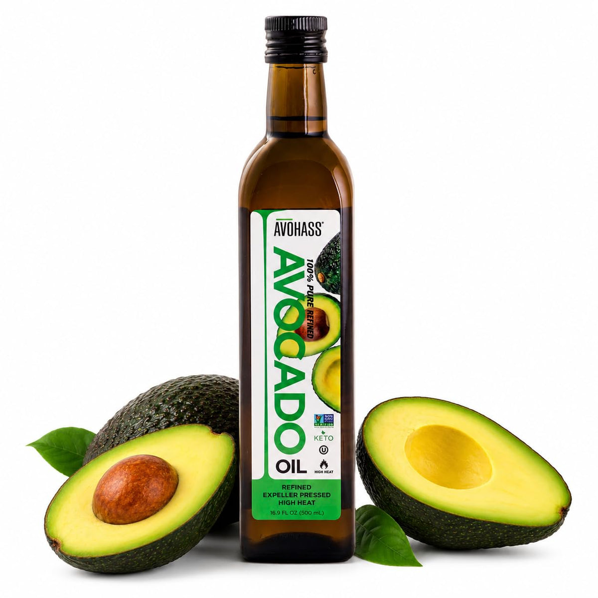 Avohass bottle front label showing product name and size with clear branding benefit