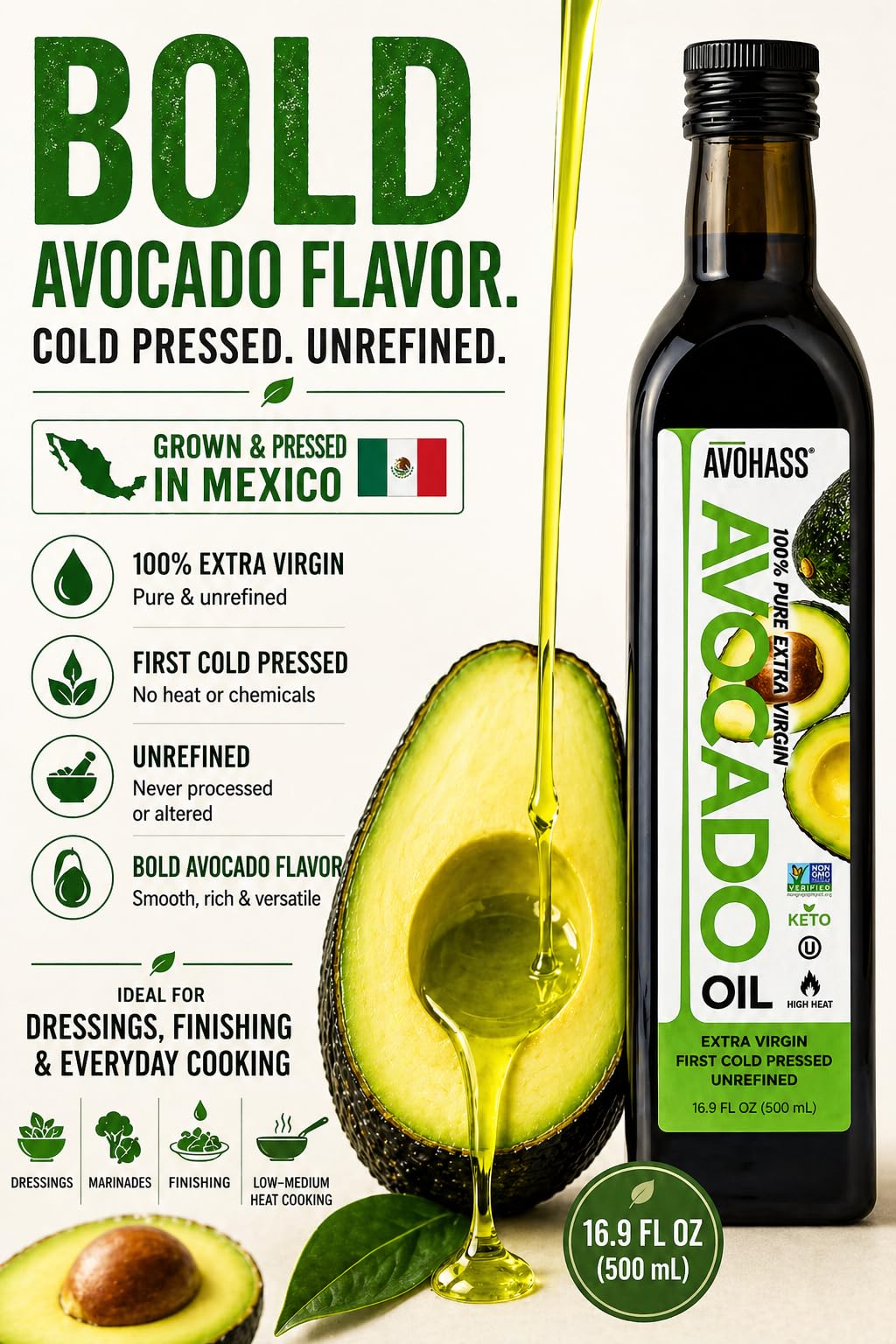 Avohass pouring oil close-up, demonstrates smooth pour and use