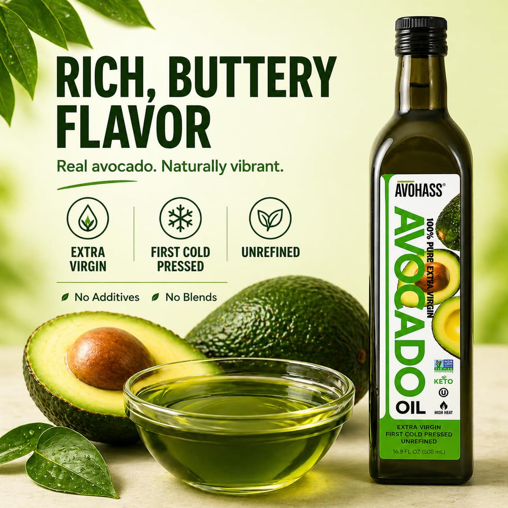 Avohass drizzling over salad, adds rich flavor and finishing touch