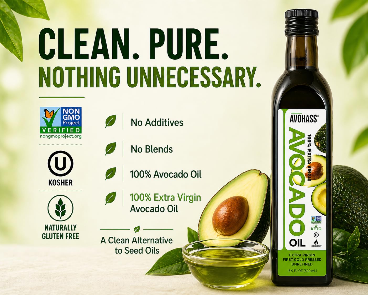 Avohass oil texture and green color close-up, highlights freshness