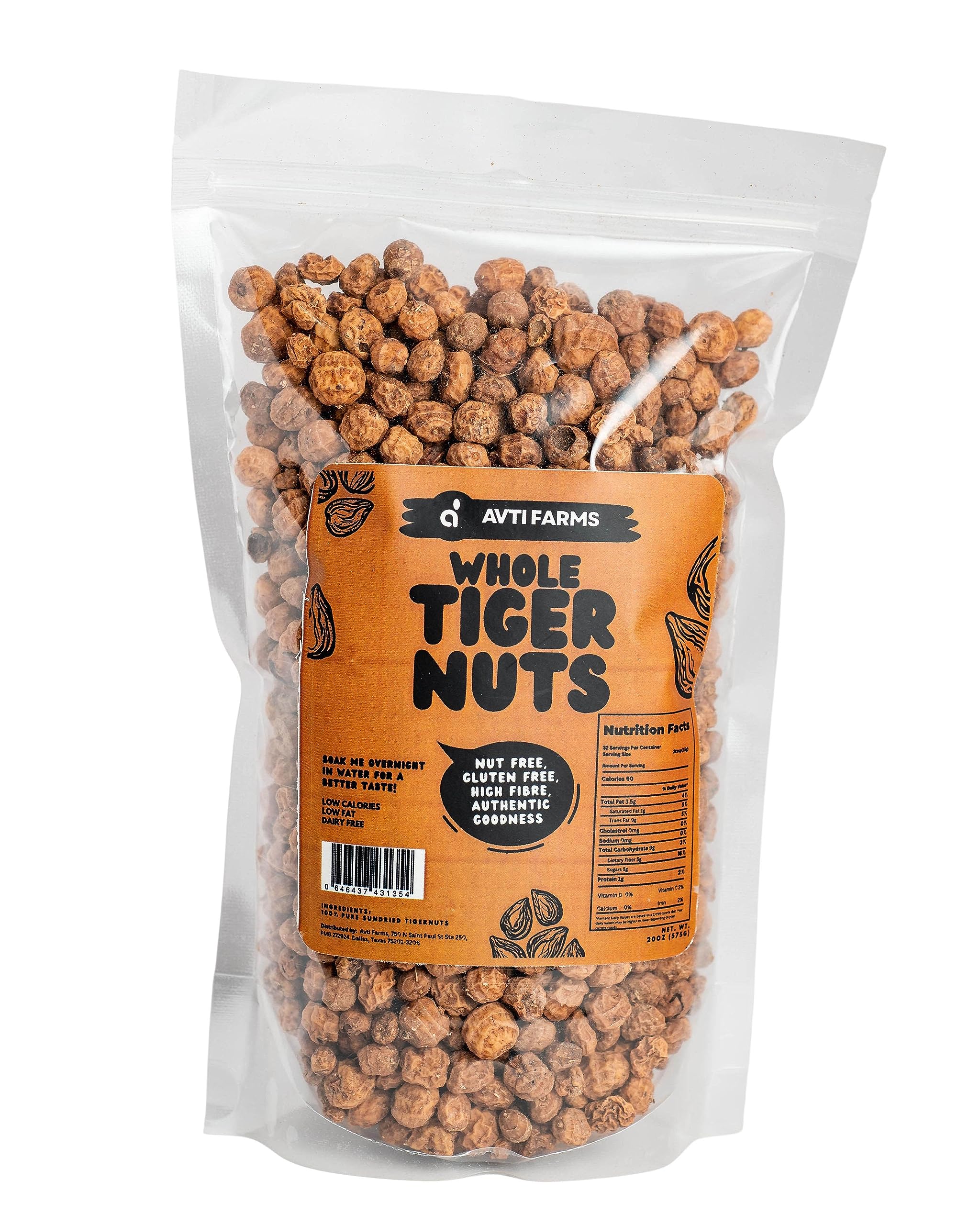 AVTI FARMS front packaging showing bag of raw tiger nuts and clear label benefits