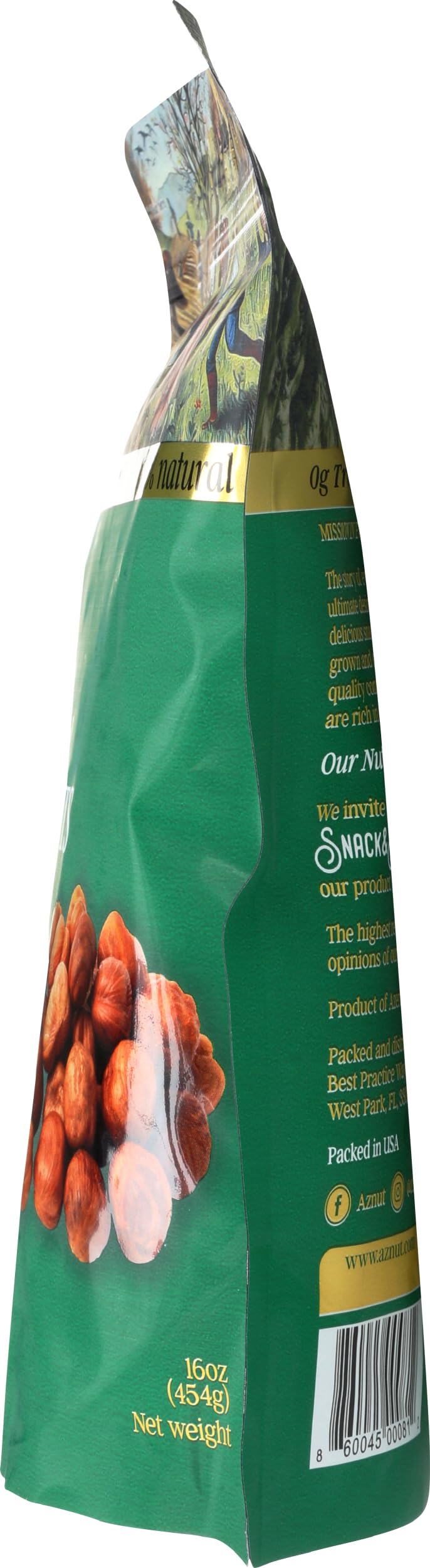 AZNUT hazelnuts beside a measuring cup demonstrating the 16 oz size