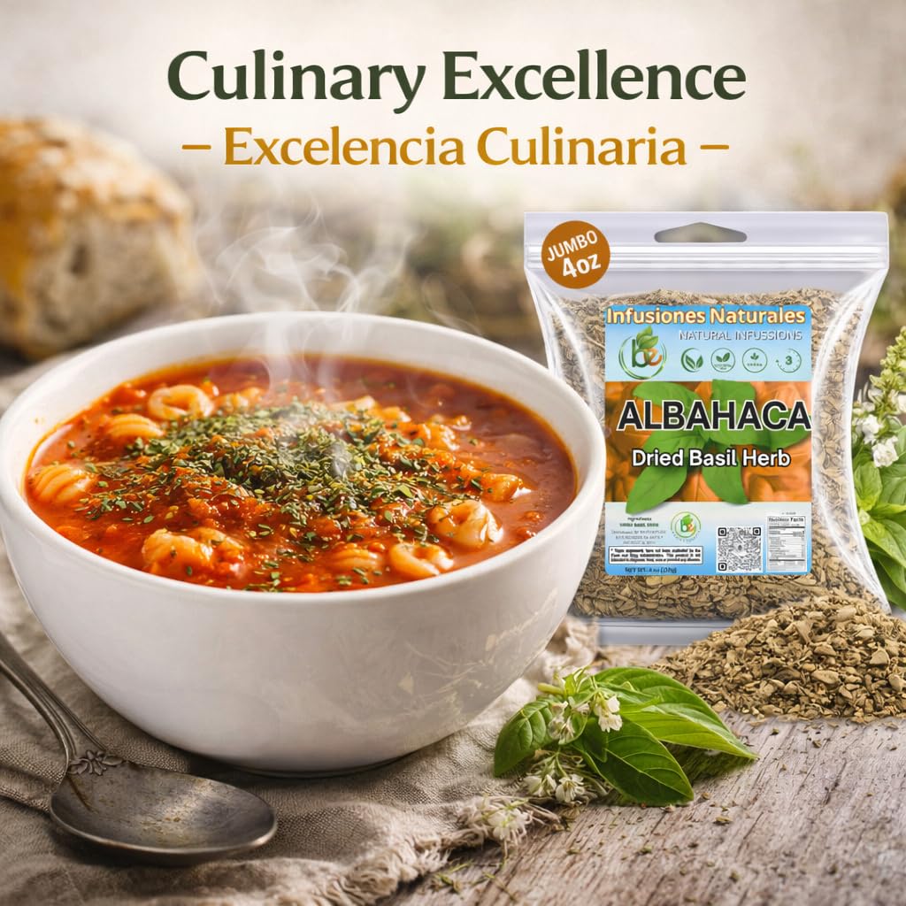 Spoonful of B-Experts dried basil leaves portioned for cooking, convenient seasoning