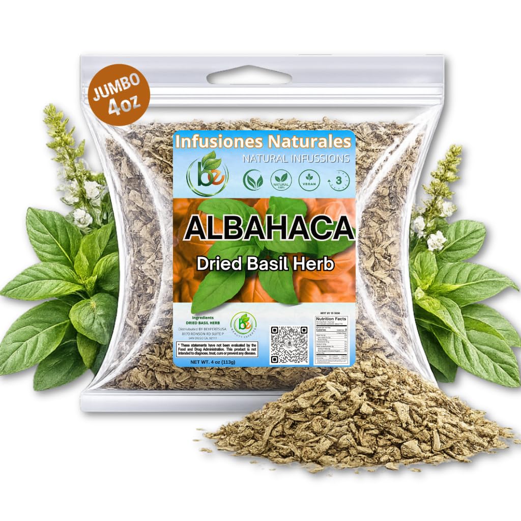 B-Experts front packaging of dried basil leaves showing brand and 4 oz size, retains aroma
