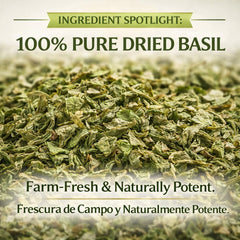 Cup of basil tea steeping with B-Experts leaves, illustrating aromatic herbal infusion benefit
