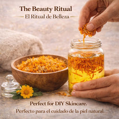 B-Experts teacup with steeped calendula infusion demonstrating soothing golden color