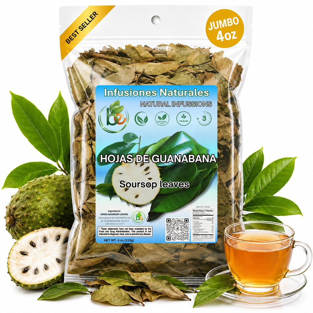 B-Experts front packaging showing jumbo 4 oz soursop leaves and product benefits