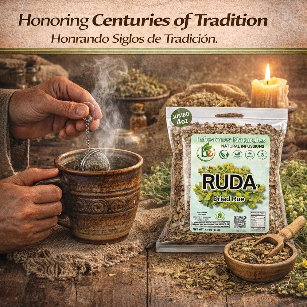 B-Experts brewed rue tea in cup demonstrating aroma and a calming serving option