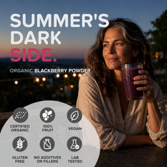 b glass smoothie with powder blended for bright color and fresh berry taste