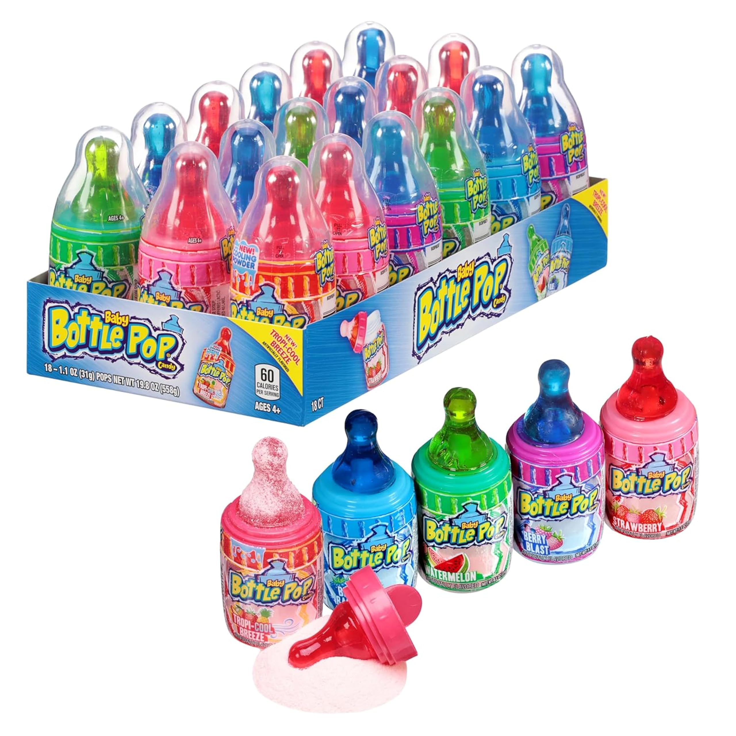 Baby Bottle Pop front packaging showing 18-count party pack and playful branding