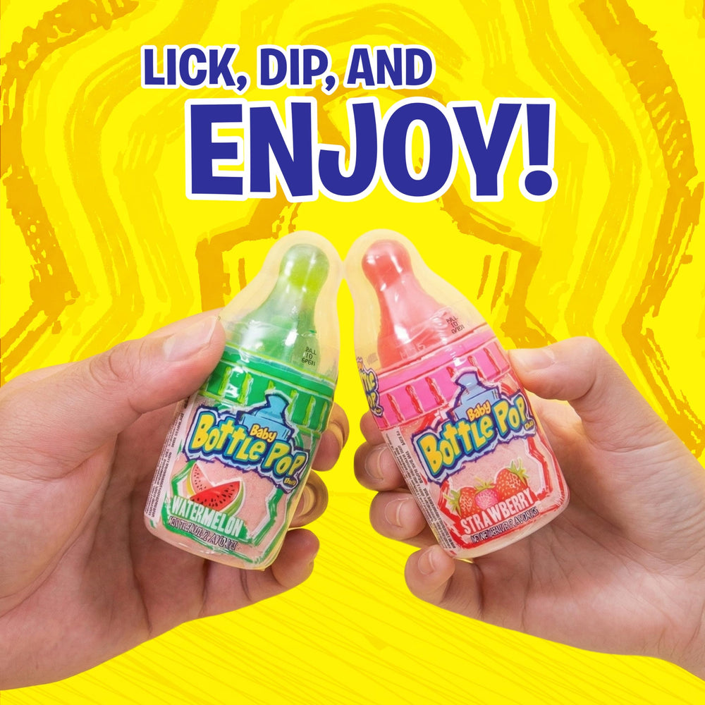 Baby Bottle Pop next to a hand for scale demonstrating child-friendly size