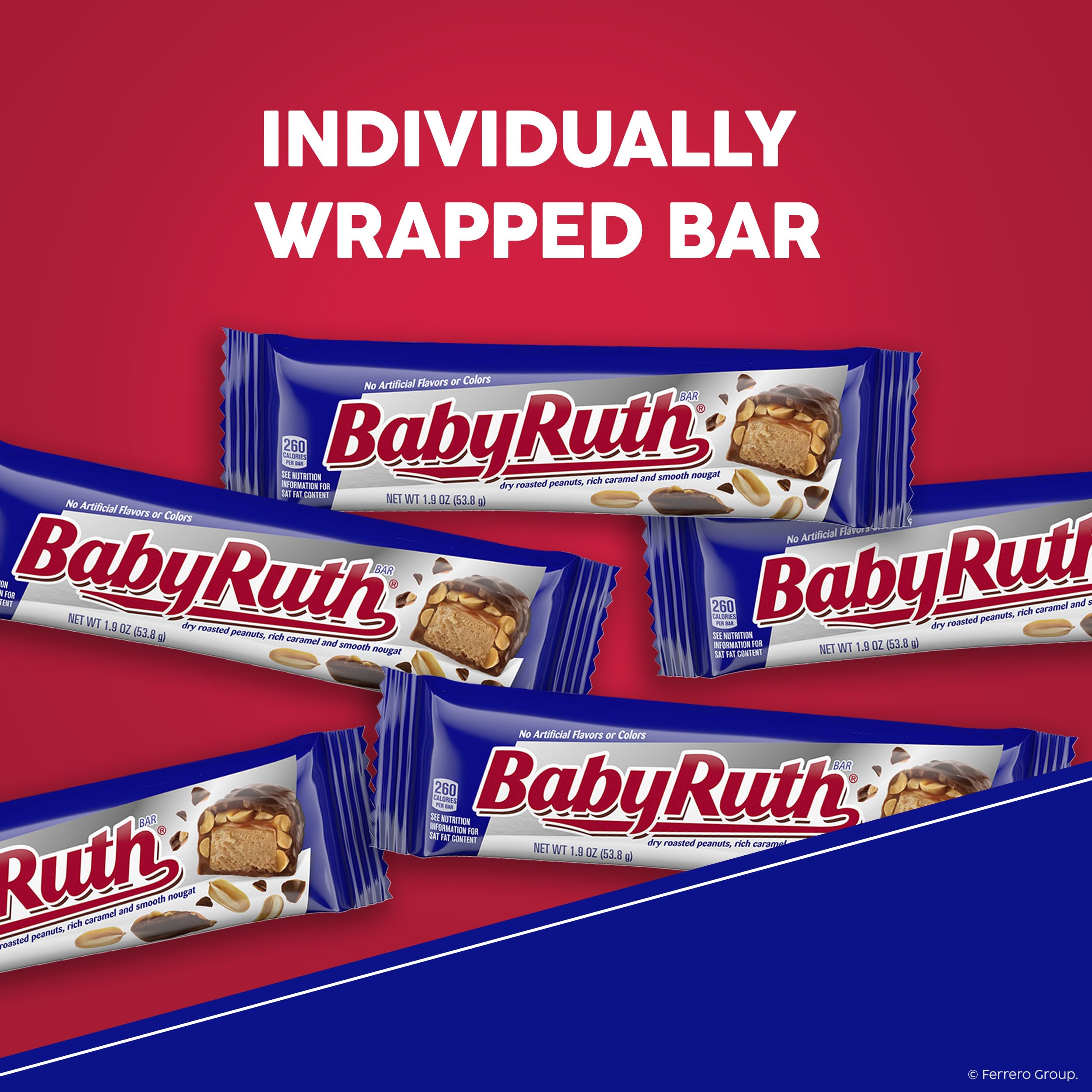 Baby Ruth bar held in hand demonstrating full-size 3.3 oz portion