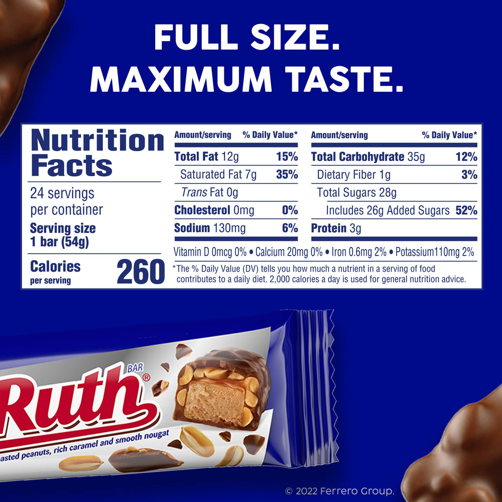 Baby Ruth unwrapped bar revealing chocolate-coated nougat and caramel benefits