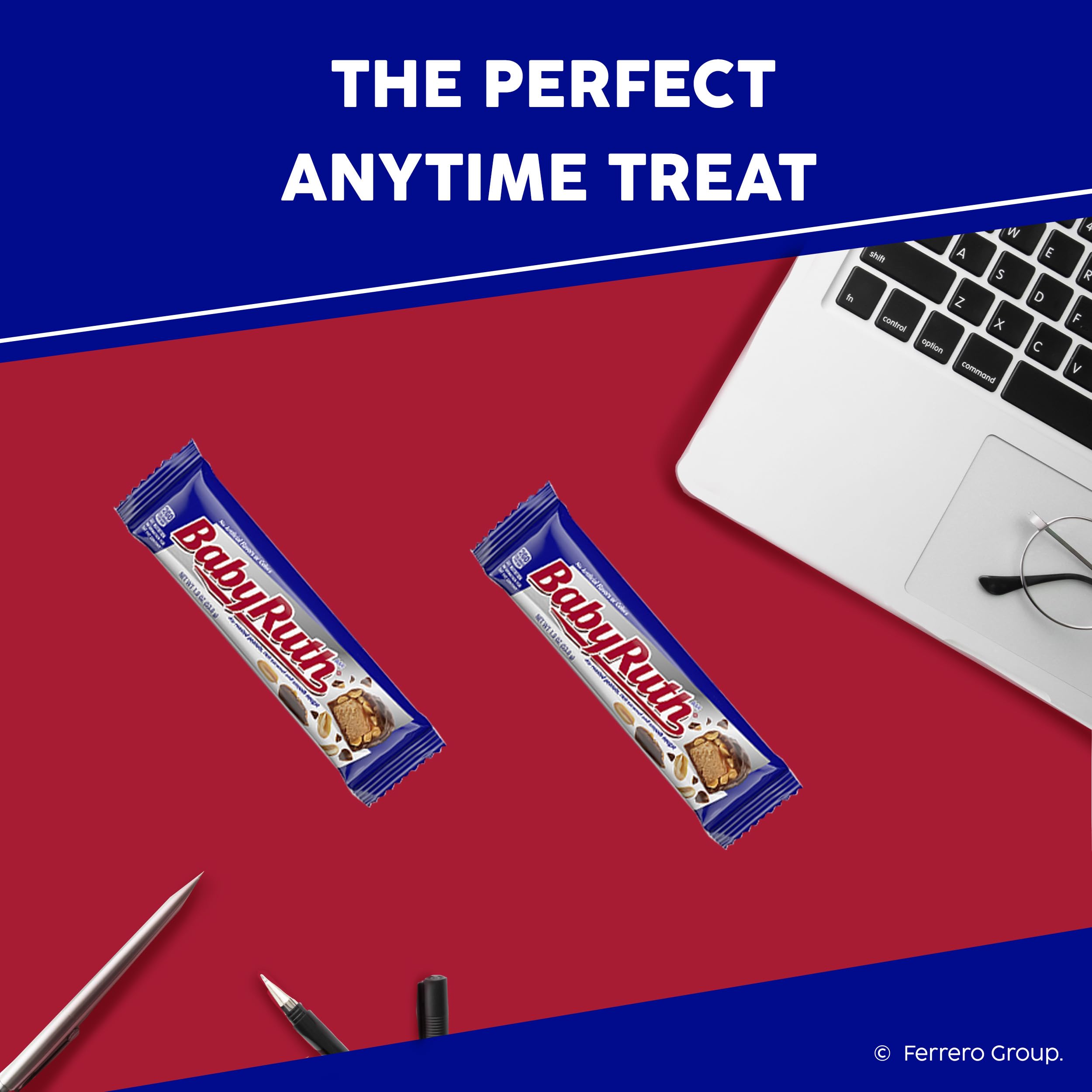 Opened bulk box of Baby Ruth bars illustrating long-lasting supply benefit