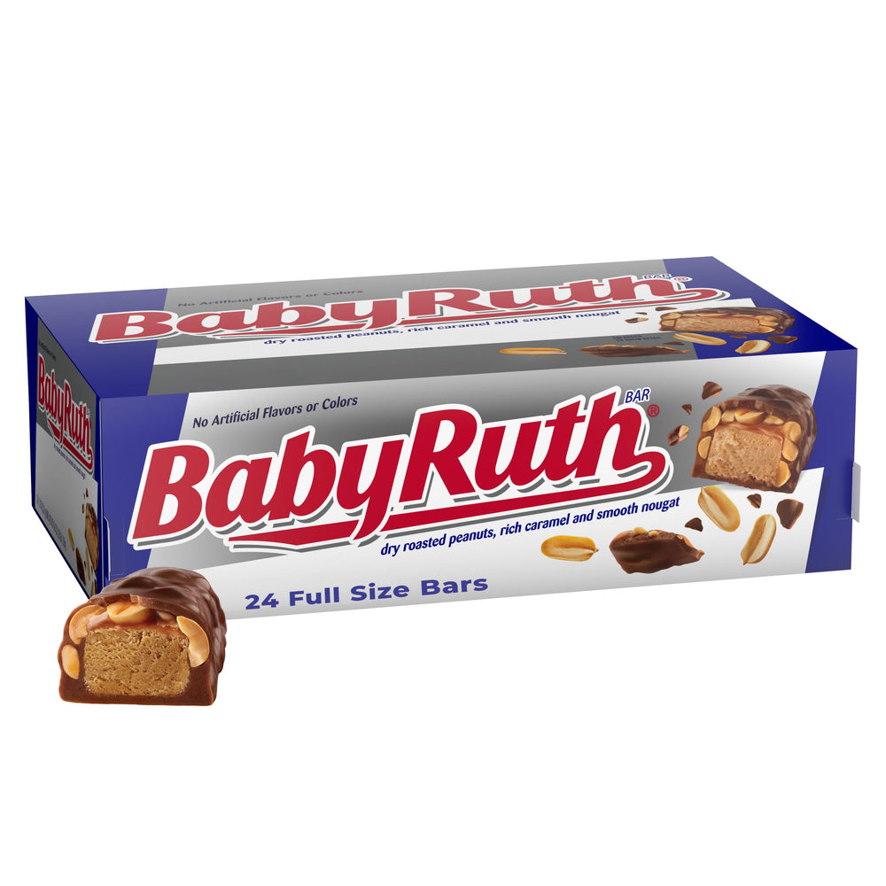 Baby Ruth front packaging showing 24-count bulk box and branding benefits