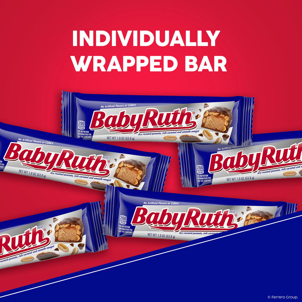 Dry-roasted peanuts on Baby Ruth bar showing crunchy peanut benefit