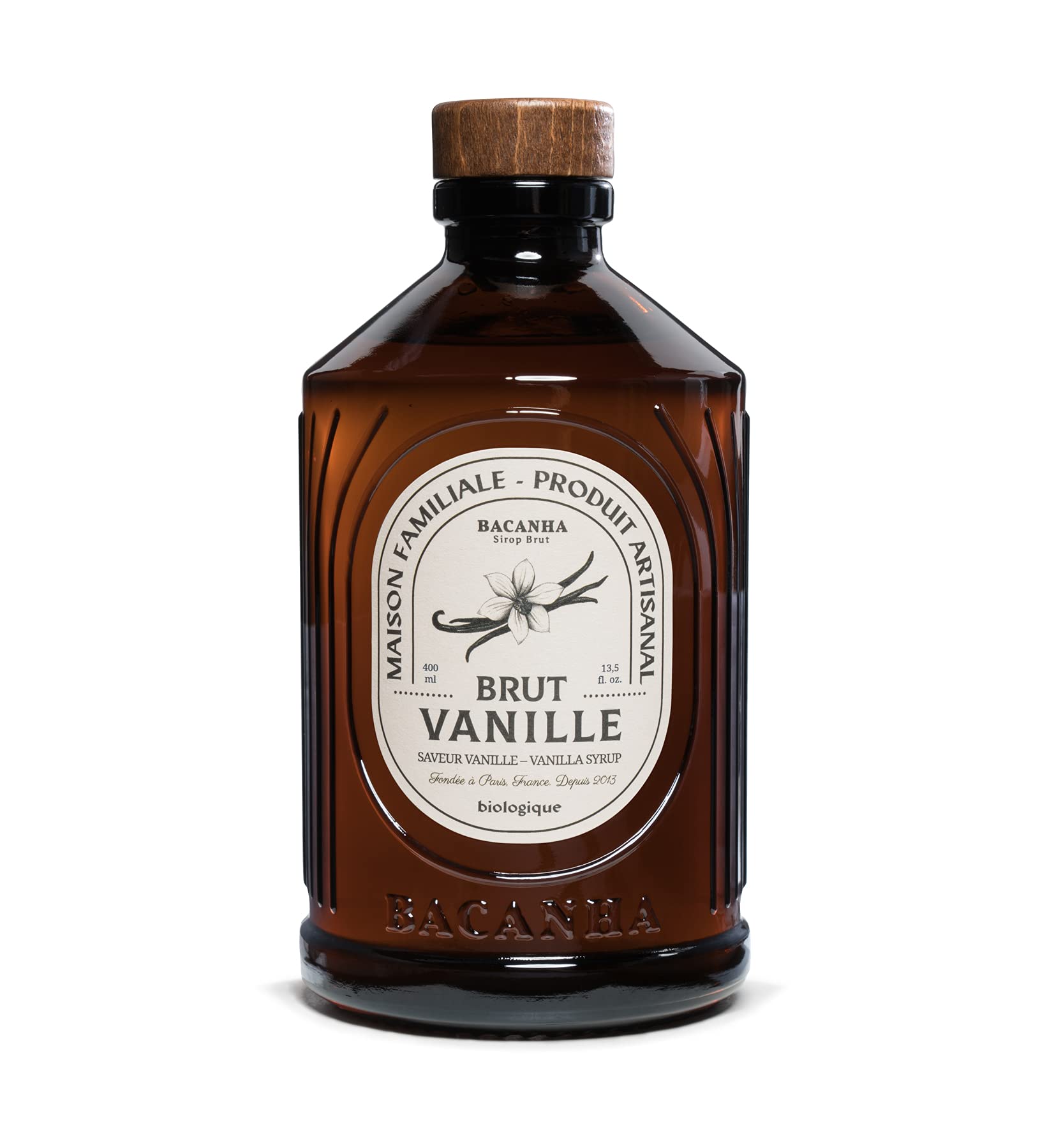 Bacanha front bottle showing organic vanilla syrup and premium packaging benefit