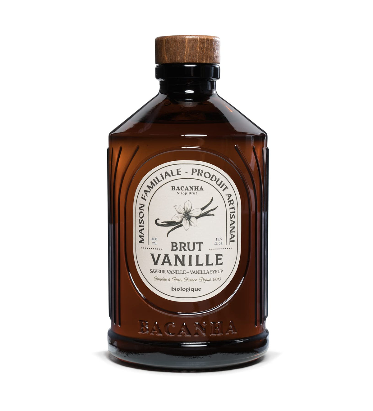 Bacanha front bottle showing organic vanilla syrup and premium packaging benefit