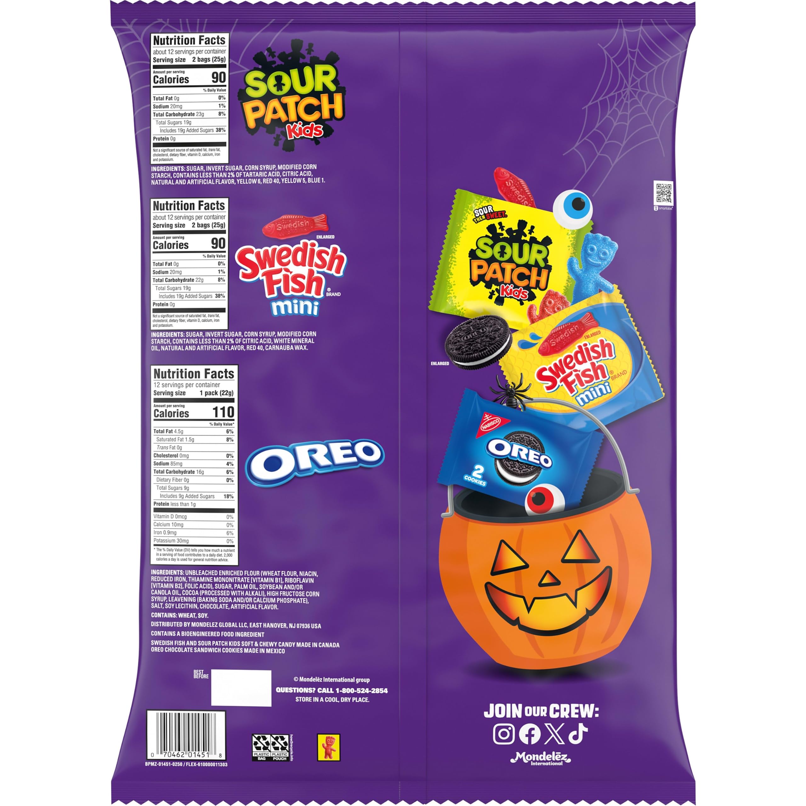 back of bulk bag label showing ingredient and count details for Sour Patch Kids variety pack