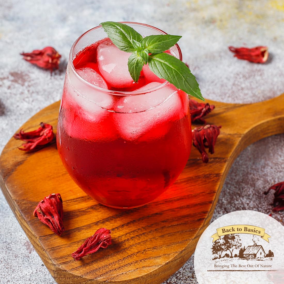 Back to Basics glass of iced hibiscus tea, chilled presentation for summer refreshment