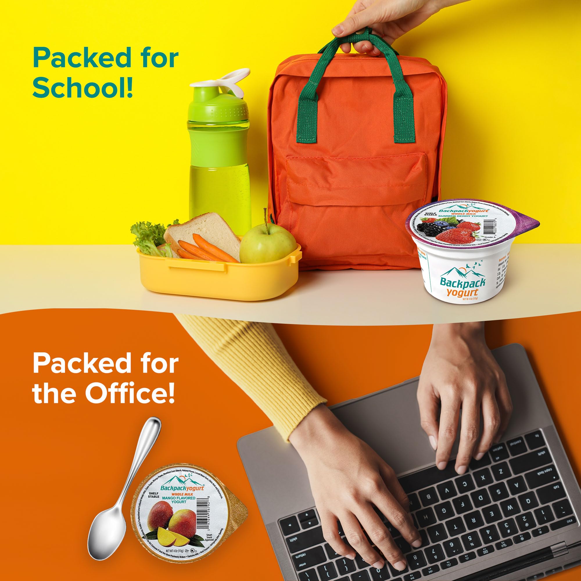 Backpack Yogurt mango cup close-up fruit swirl, real mango pieces for natural taste