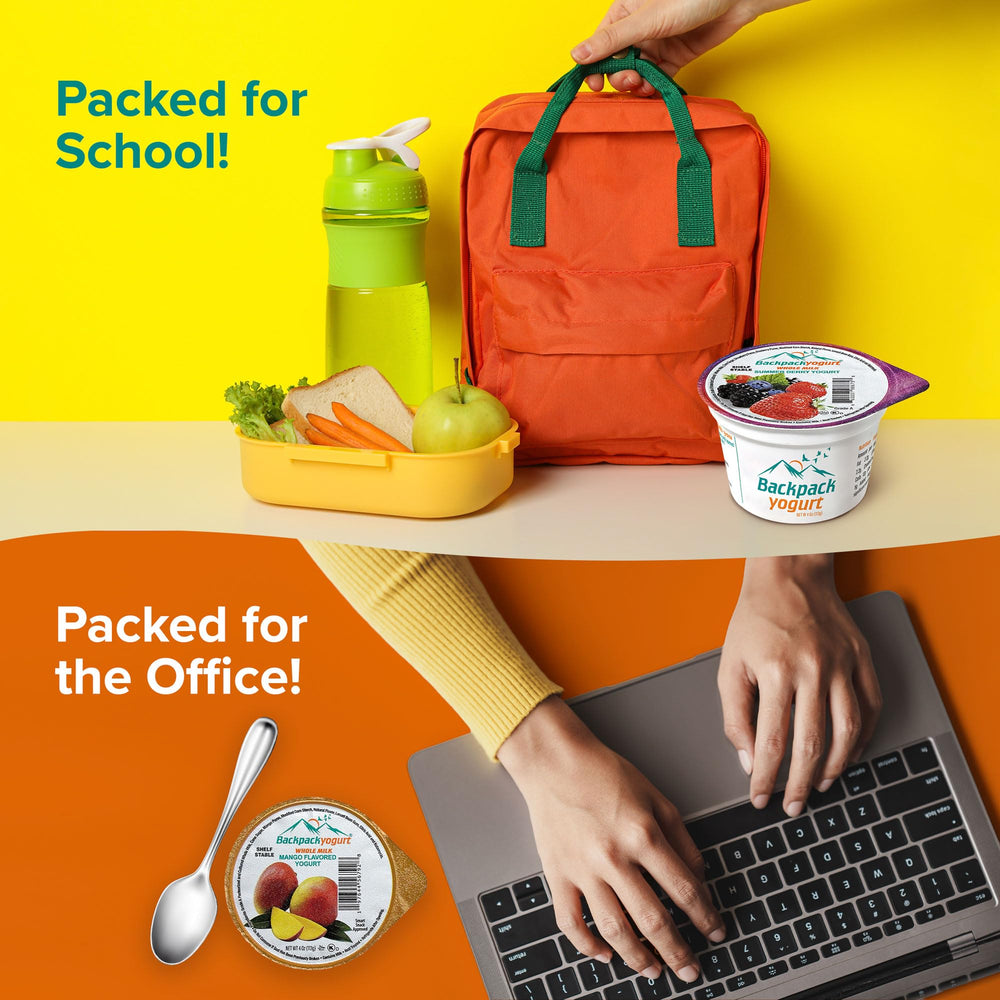 Backpack Yogurt mango cup close-up fruit swirl, real mango pieces for natural taste
