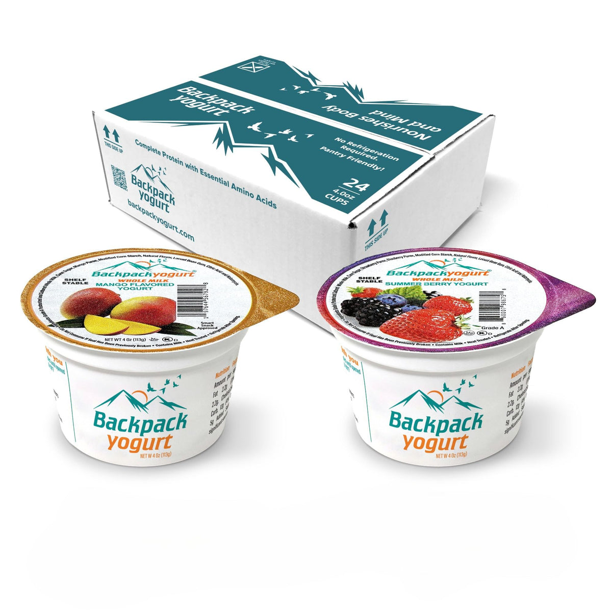 Backpack Yogurt front packaging showing mango and berry variety, convenient grab-and-go snack