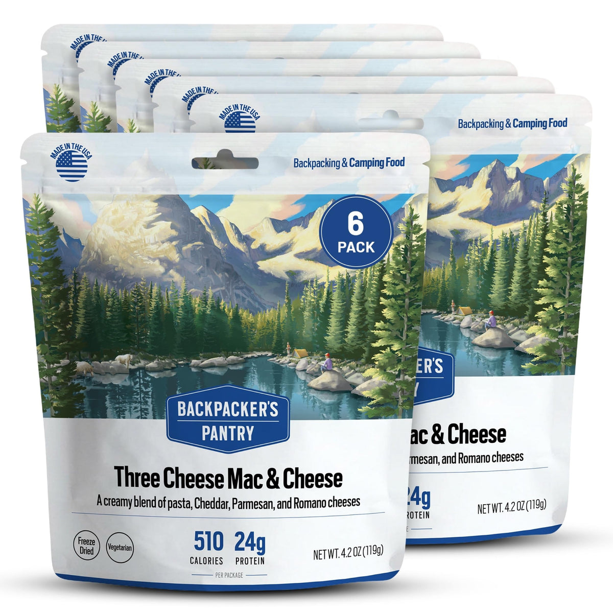 Backpacker's Pantry front packaging showing 6-pack and lightweight benefits