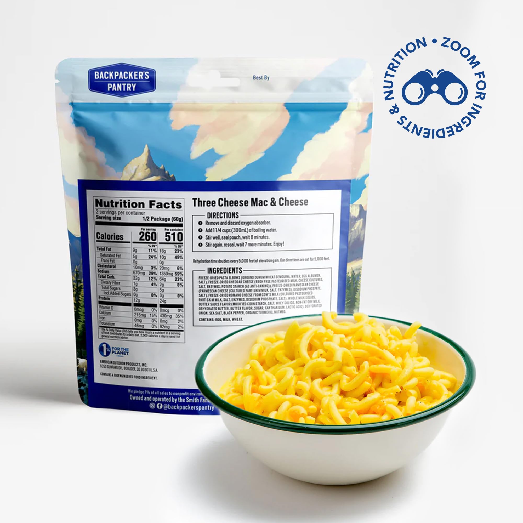 Backpacker's Pantry open pouch with freeze-dried pasta showing easy rehydration