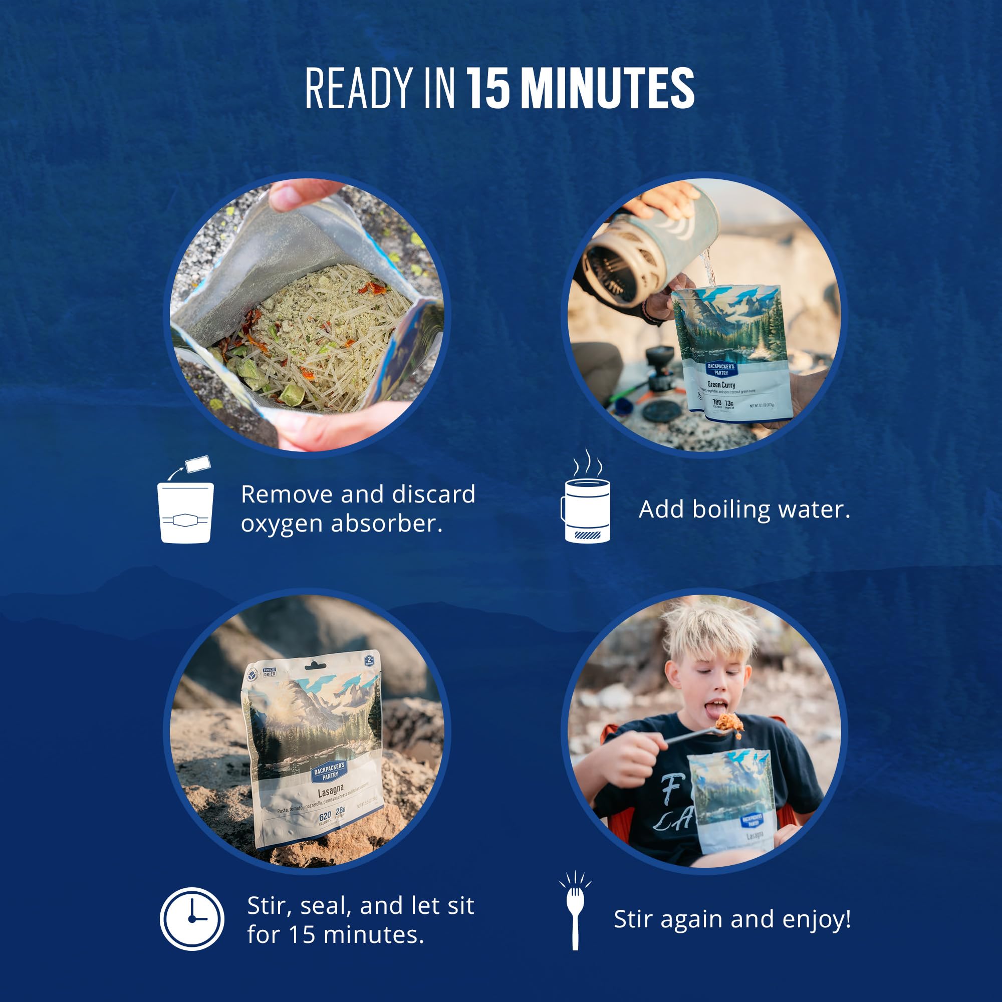 Backpacker's Pantry boiling water added to pouch demonstrating quick prep