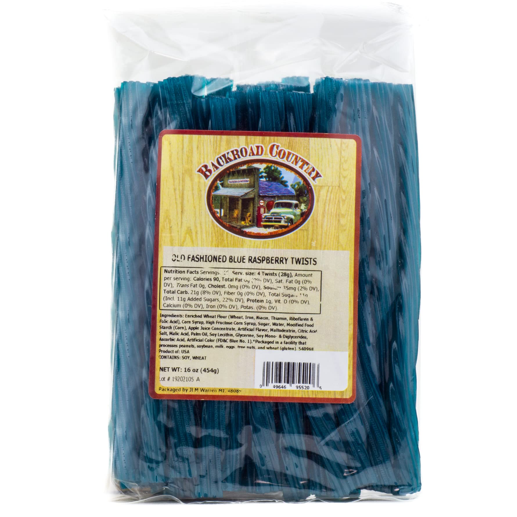 Backroad Country close-up of chewy blue-raspberry twists highlighting soft texture and flavorful chew
