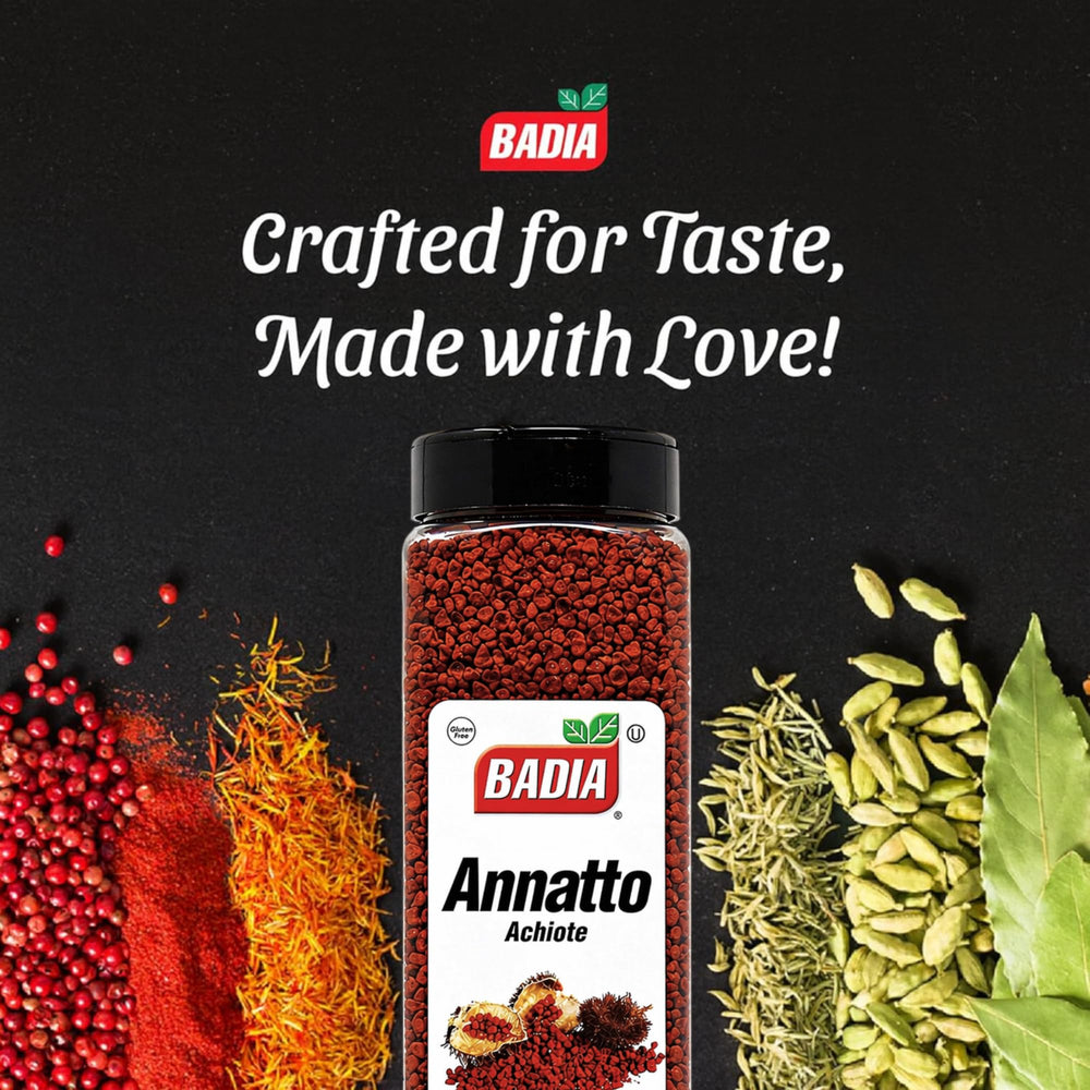 Badia annatto seeds close-up revealing texture and fresh color for flavor
