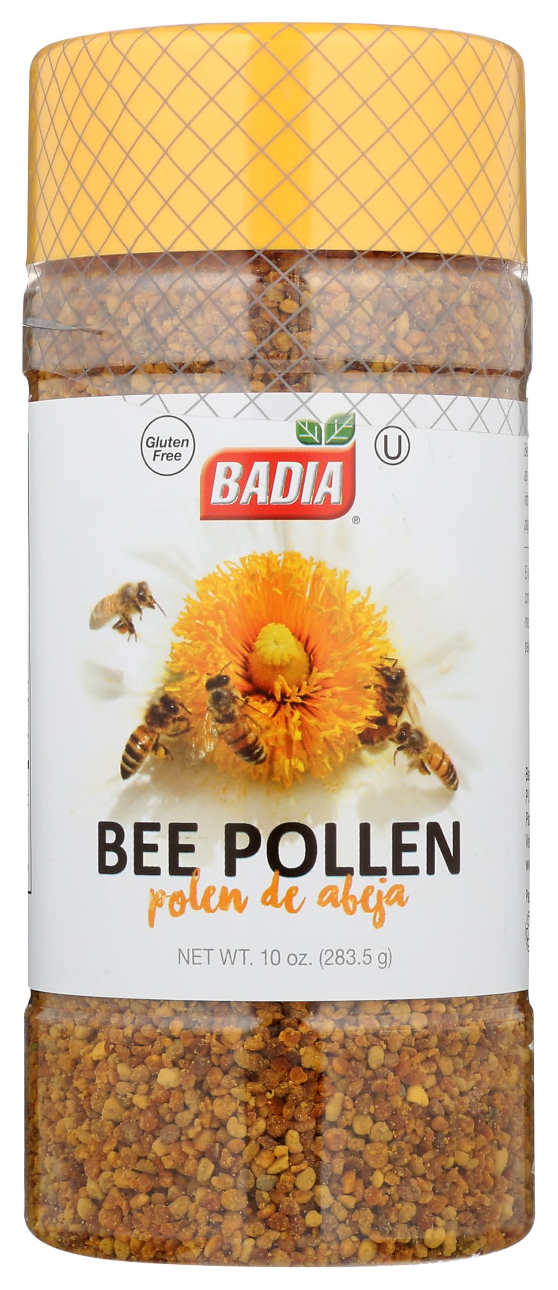 Badia bee pollen front packaging showing jar and golden granules for flavorful garnish